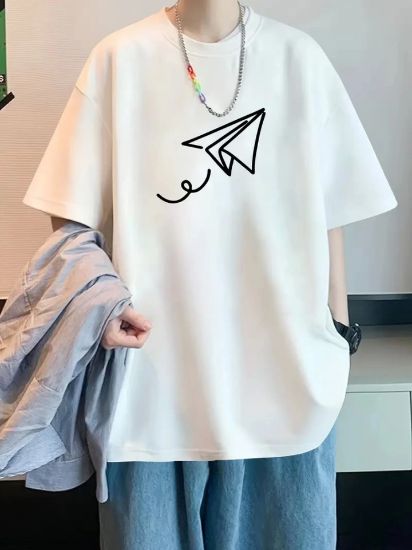 Baskılı Oversize Bisiklet Yaka T-shirt - Beyaz resmi